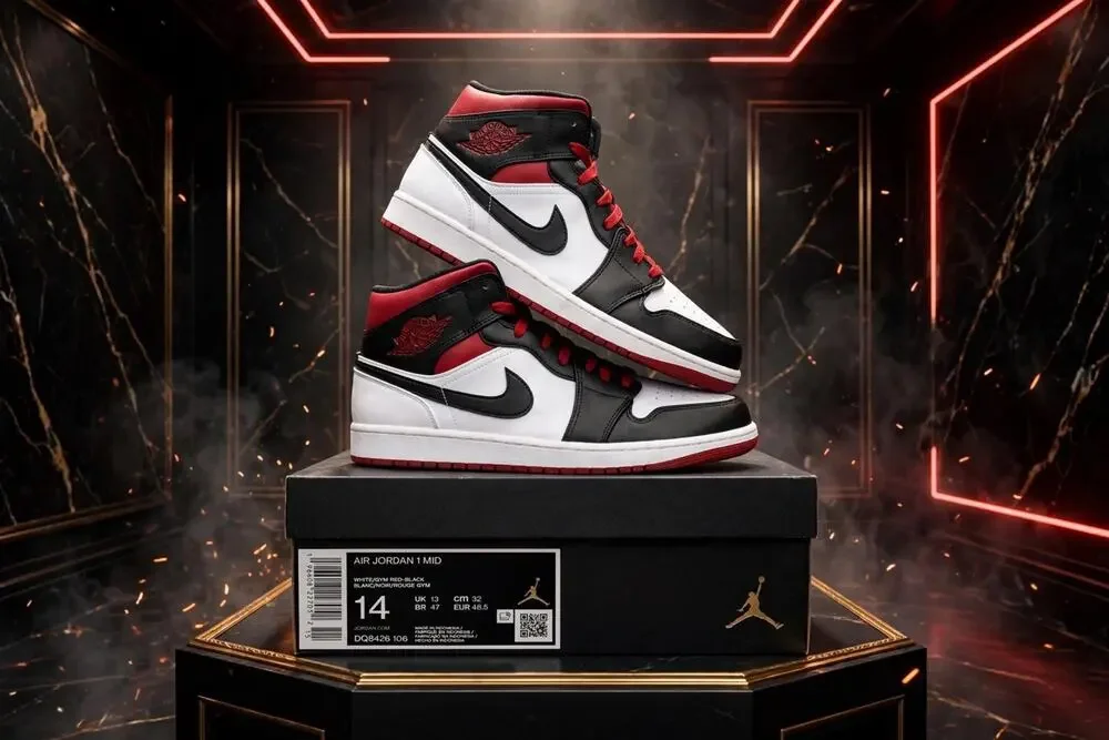Size 14 - Jordan 1 Mid Black Gym Red DQ8426-106 White Red Black DS